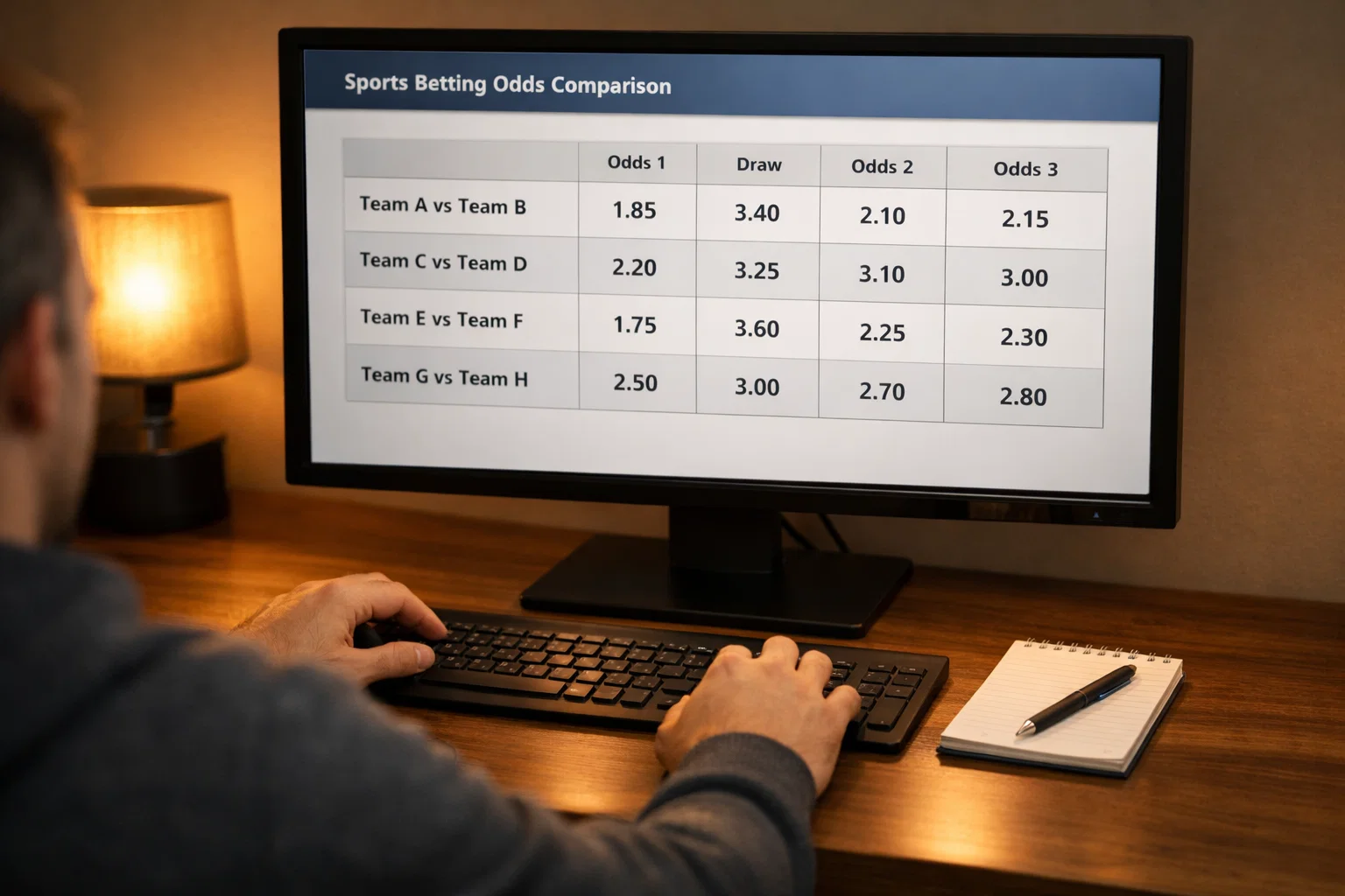 Persona che analizza le quote NFL su uno schermo con tabella di confronto