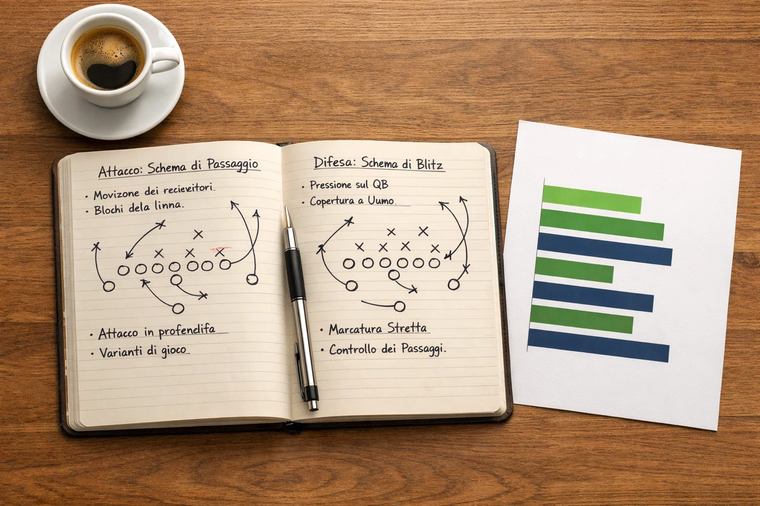 Appunti e documenti con statistiche di football americano e grafici prestazioni