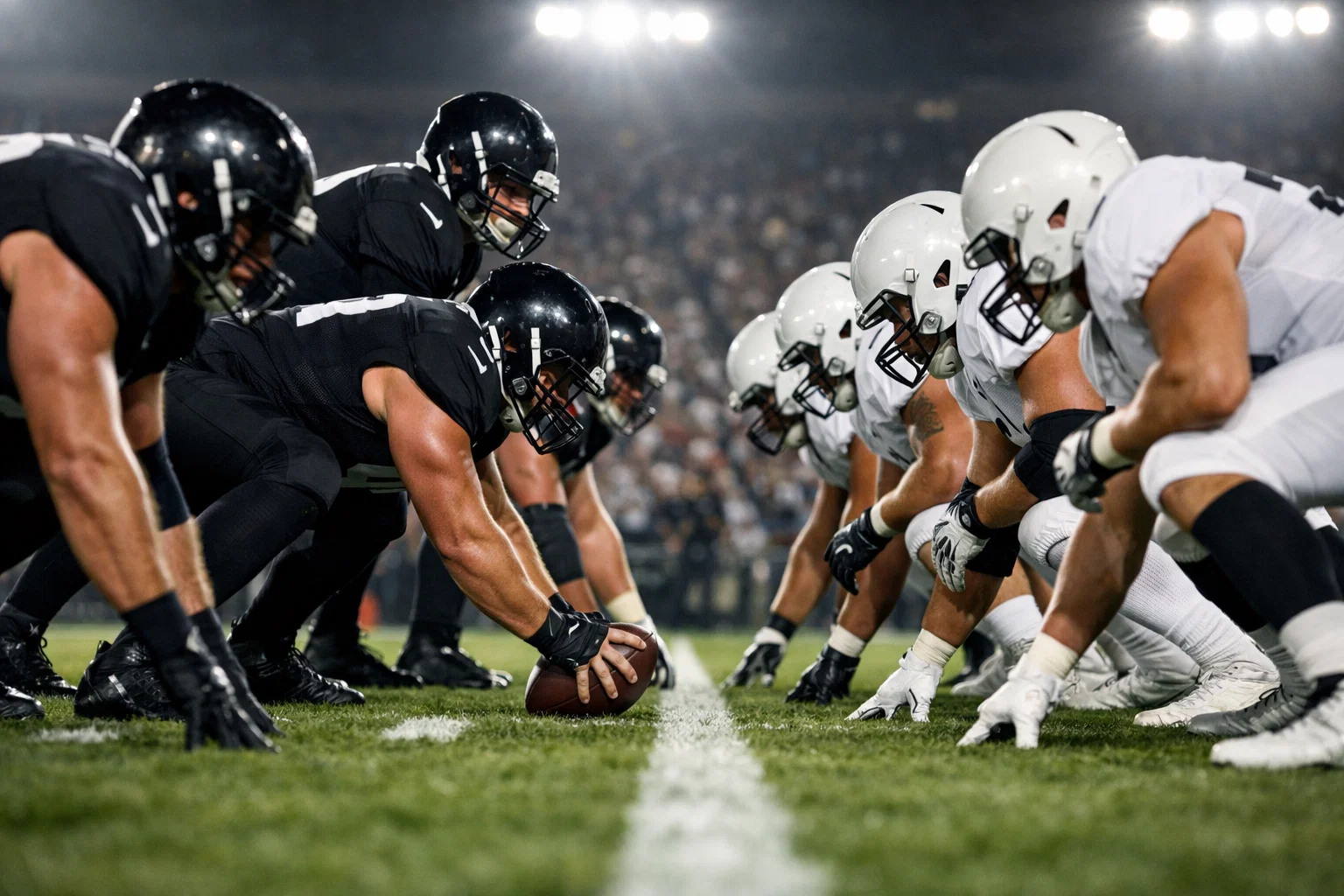 Giocatori di football americano in formazione sul campo da gioco prima dello snap con le linee delle yard sullo sfondo