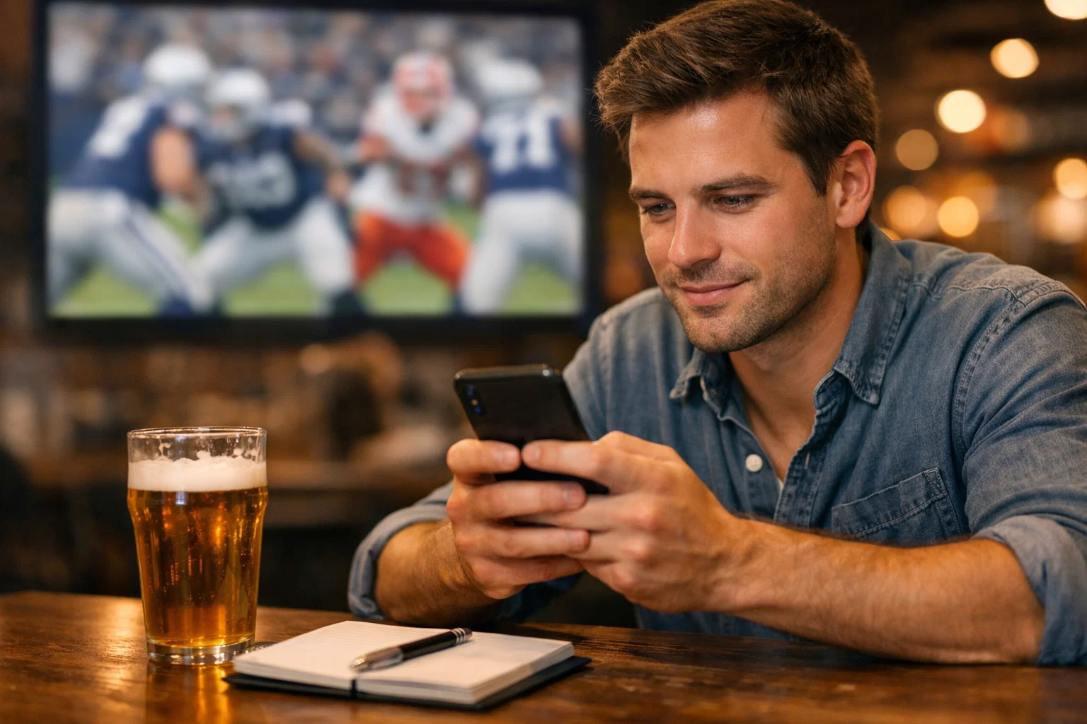 Tifoso di football americano che consulta le quote NFL sullo smartphone durante una partita allo stadio
