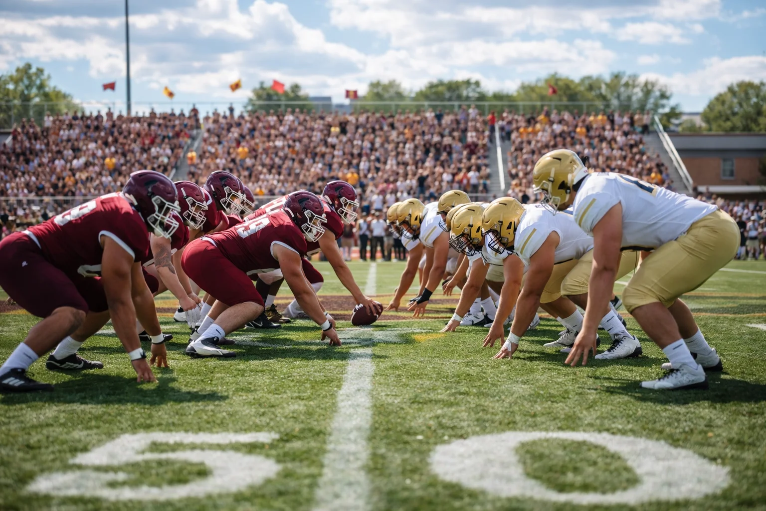 Partita di football americano universitario con giocatori in campo e tribune piene