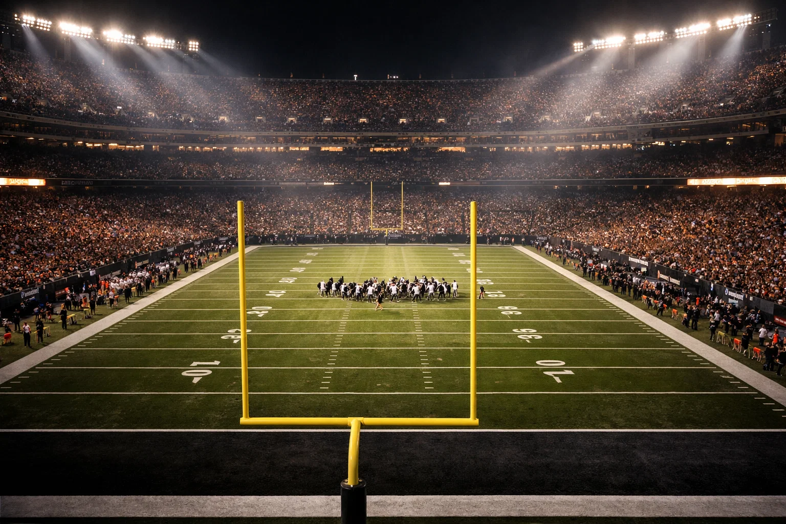 Stadio di football americano illuminato durante la finale del Super Bowl con il campo verde e le tribune gremite