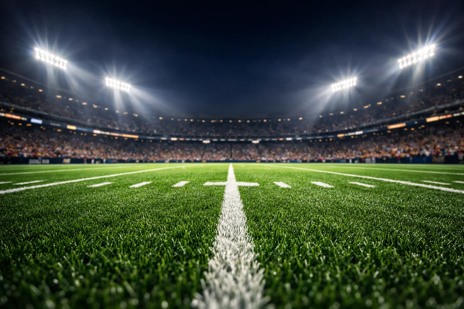 Stadio di football americano NFL illuminato di notte con campo verde e luci