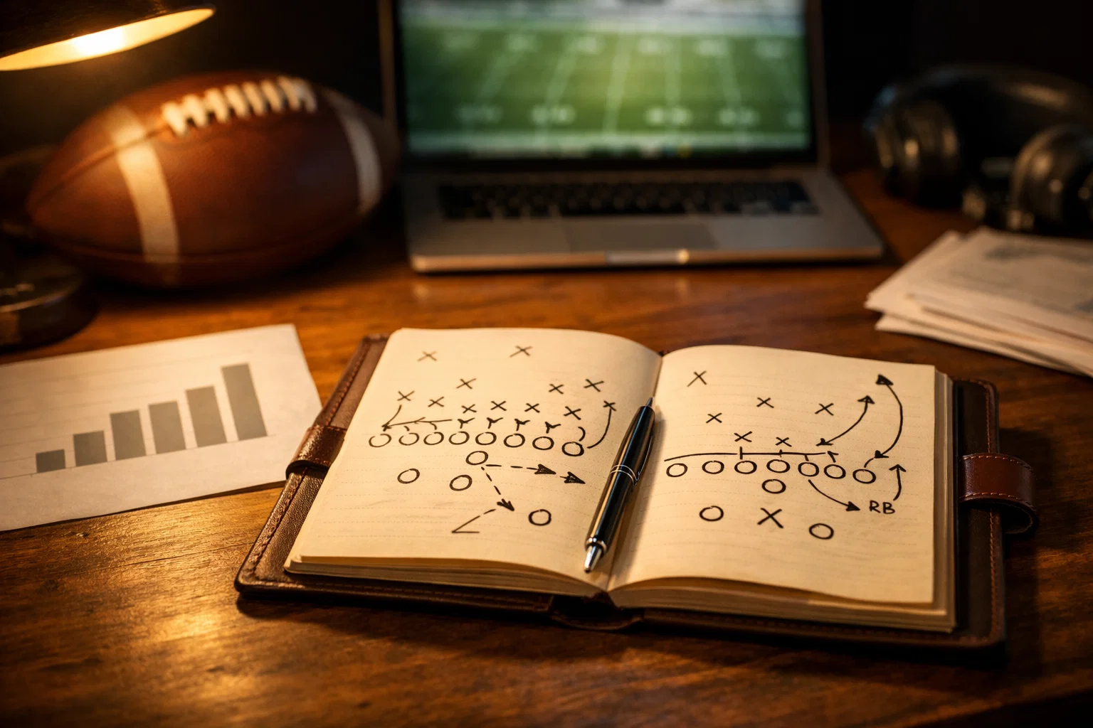 Analista sportivo che studia statistiche NFL con appunti e schemi tattici di football americano sulla scrivania
