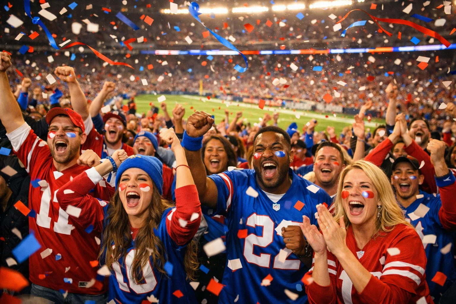 Tifosi sulle tribune durante il Super Bowl con atmosfera festosa