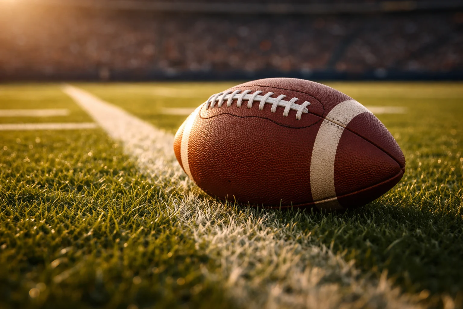 Primo piano di un pallone da football americano sul campo in erba con le linee bianche delle yard visibili